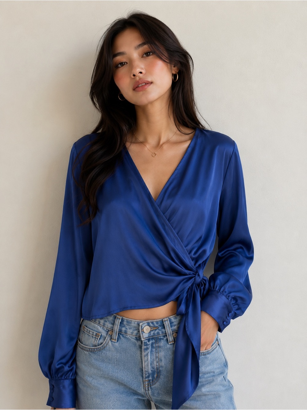 Zara Satin Wrap Blouse in Royal Blue